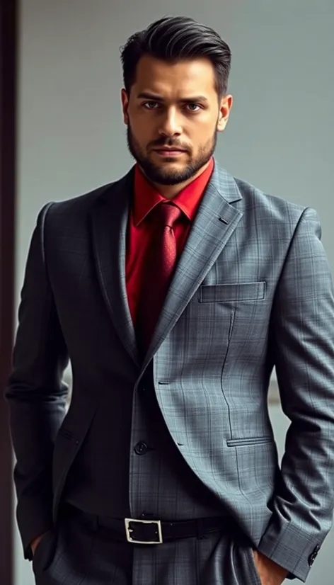 grey suit red shirt