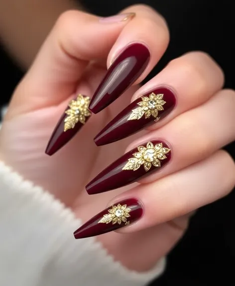 burgundy nails with gold