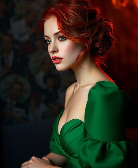 red hair green dress