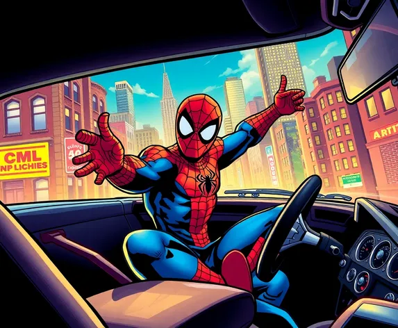 spiderman in a car