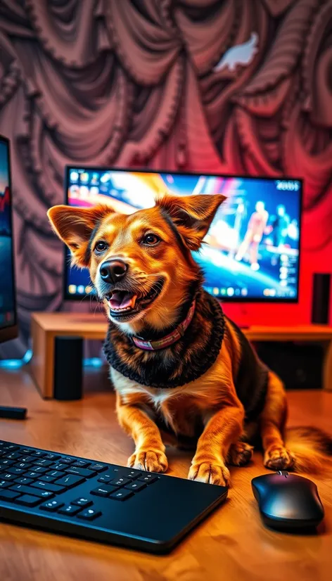 dog playing on computer