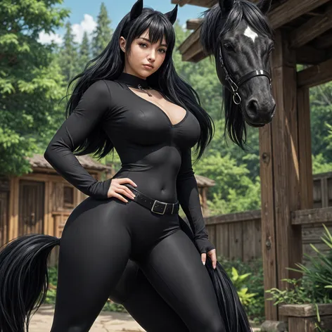 A curvy black horse
