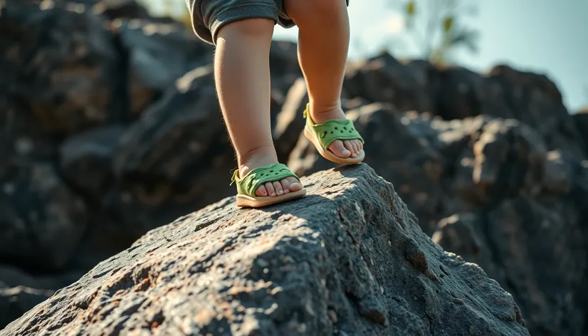 kid stepping on rock