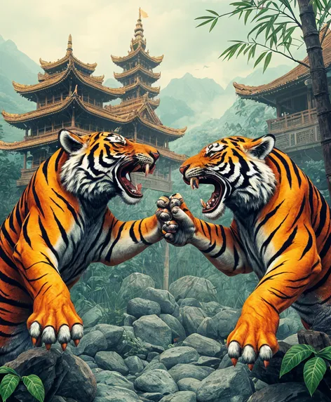 two tigers fighting bamboo