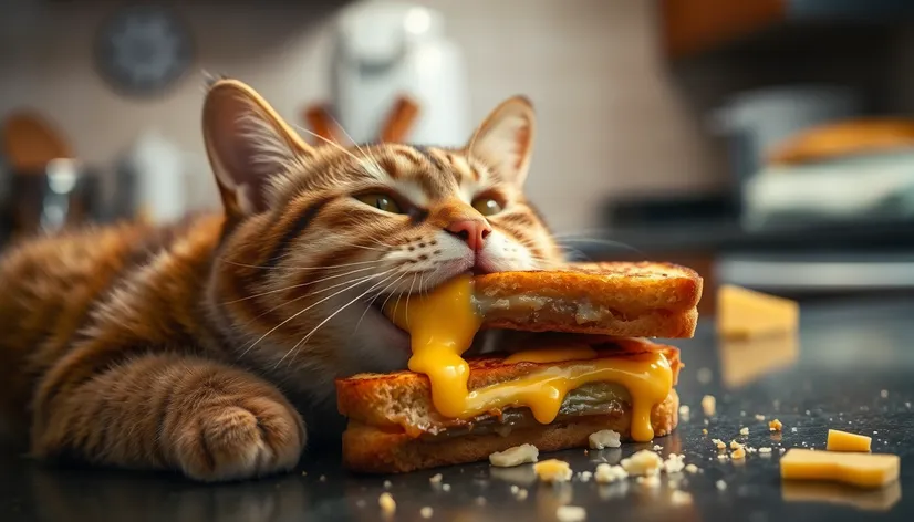 cat eating grilled cheese