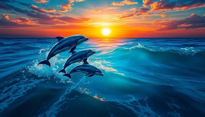 sunset with dolphins jumping