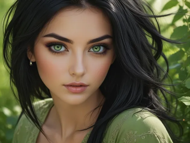 black hair green eyes