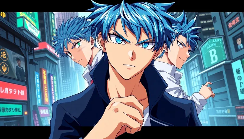 blue haired male anime