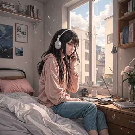 Anime girl,Headphone,vibes rainy and