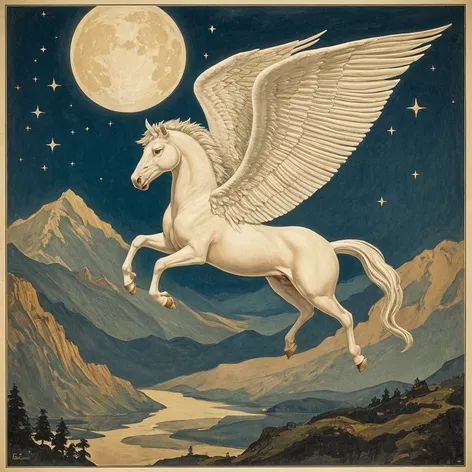 Pegasus over mountains flying,