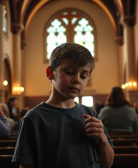 boy praying rosary in