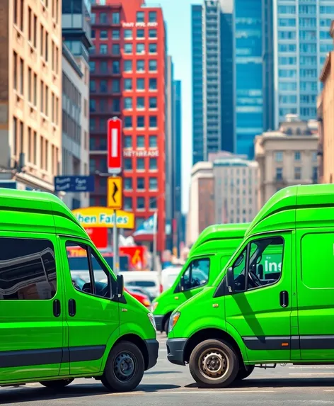 green delivery vans facing