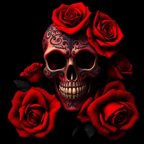 skull and red roses