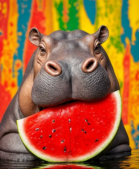 hippo eating watermelon