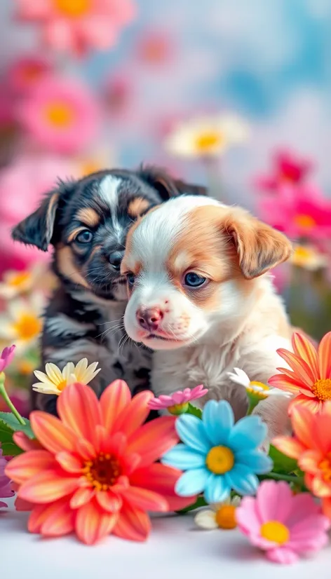 cute puppies in flowers