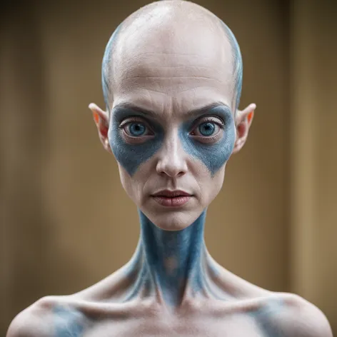 Alien, woman, 30’s, bald,