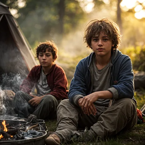 boys tent camping outside