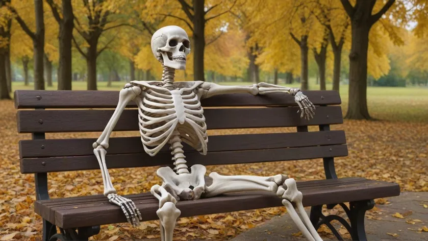 skeleton on bench