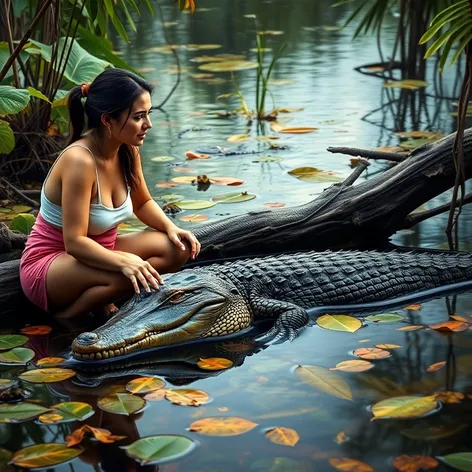 woman with sleeping alligator