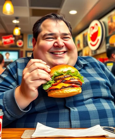 fat person eating burger