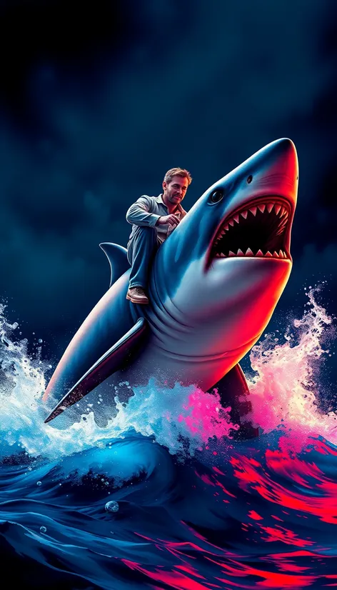 man riding a shark