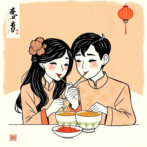 couple eating chinese outline