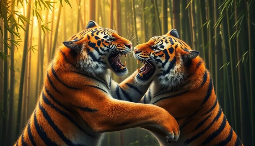 two tigers fighting in