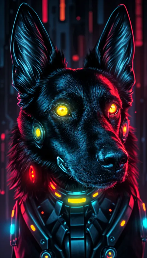 Black shepherd dog, cyberpunk,