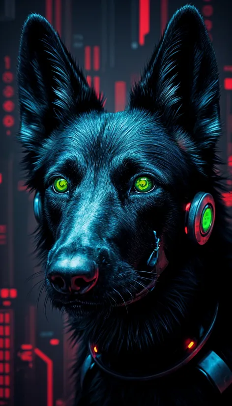 Black shepherd dog, cyberpunk,