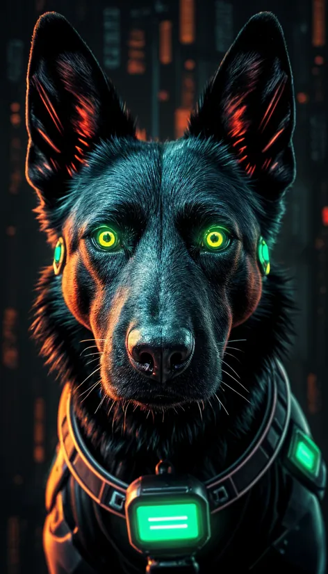 Black shepherd dog, cyberpunk,