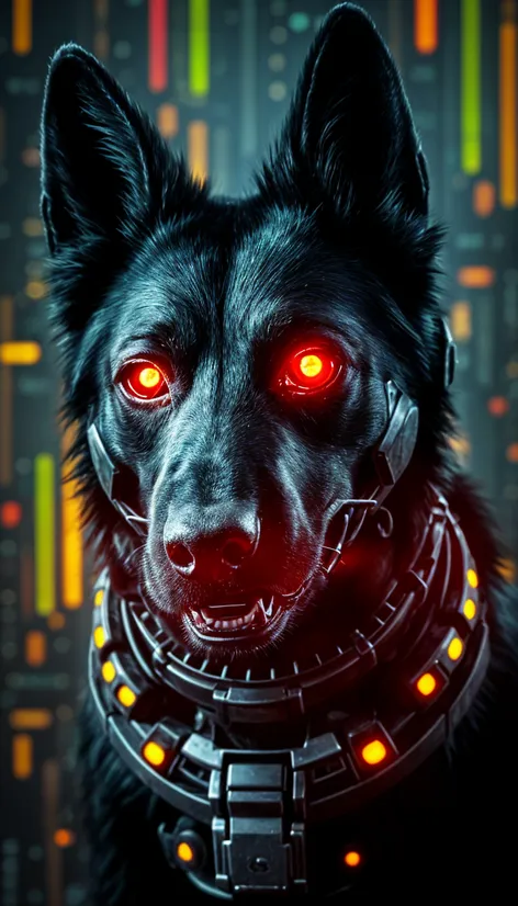 Black shepherd dog, cyberpunk,