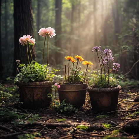 Three stumps with flowers