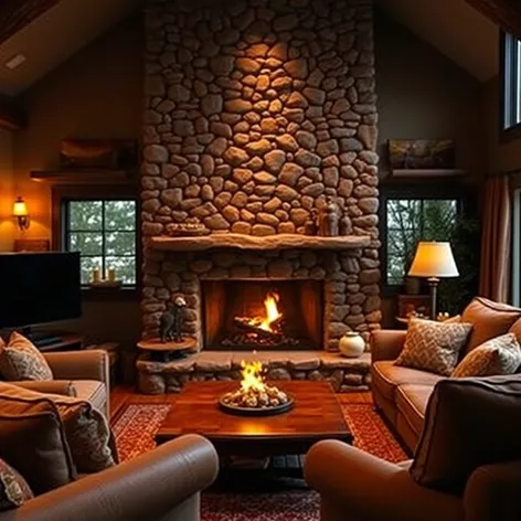 stacked stone fireplace