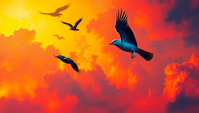 birds sunset painting