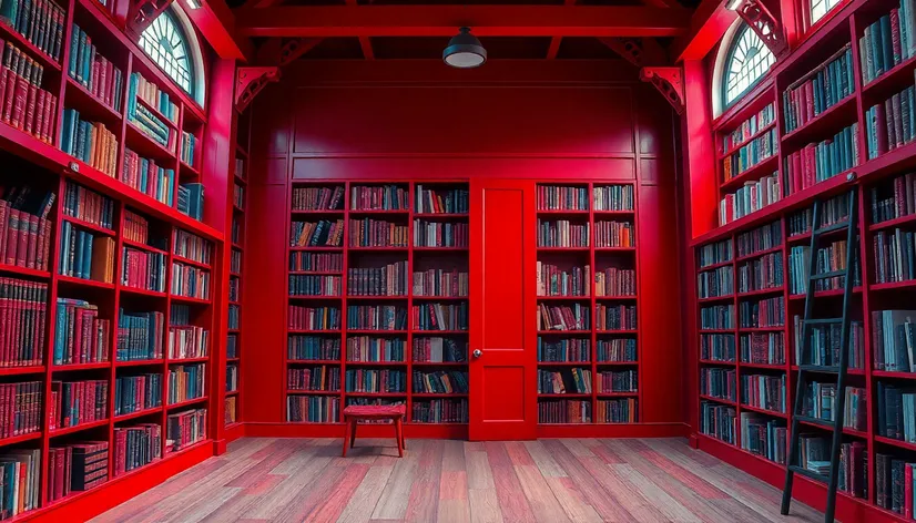 red surreal outdoor library