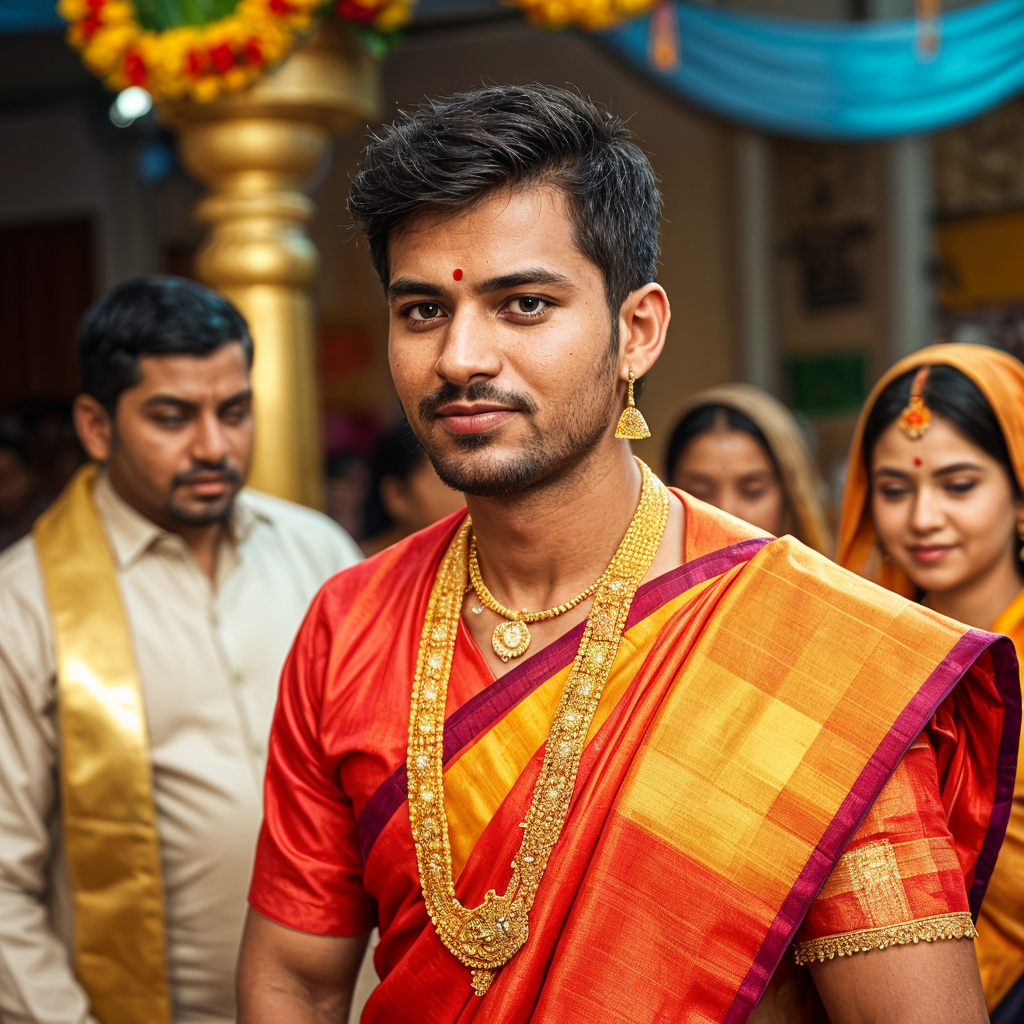 Man wearing saree shops in wedding