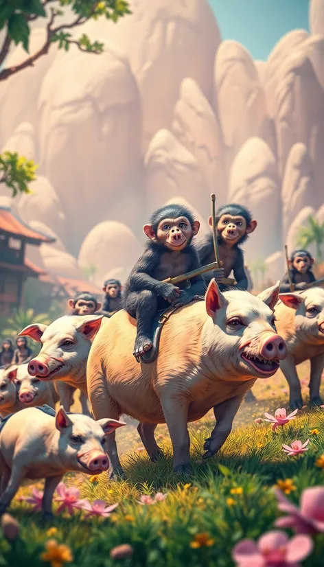 monkeys riding pigs