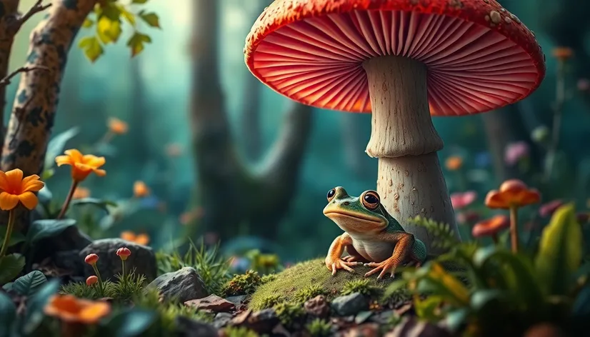 frog under mushroom