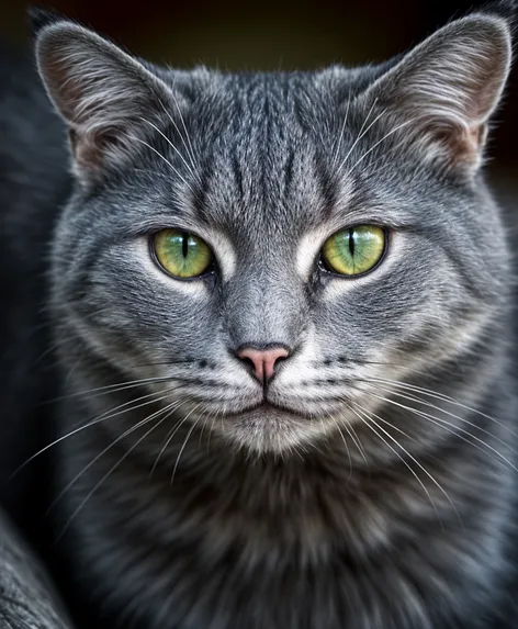 grey cat with green