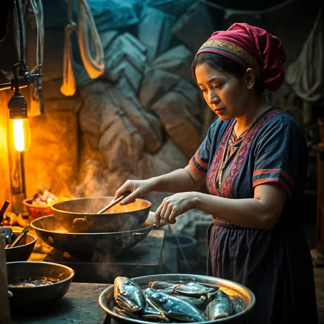 ibu sedang memasak ikan