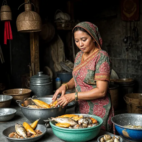 ibu sedang memasak ikan