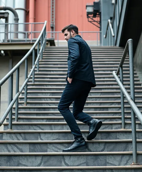 man walking up stairs