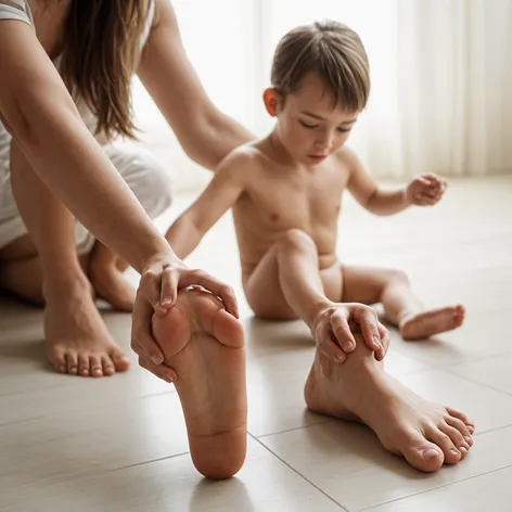 mother shows her feet,