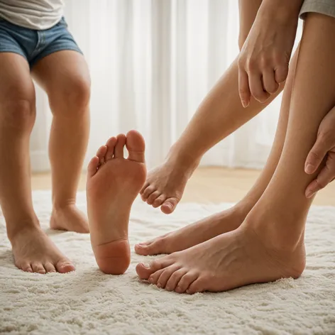 mother shows her feet,