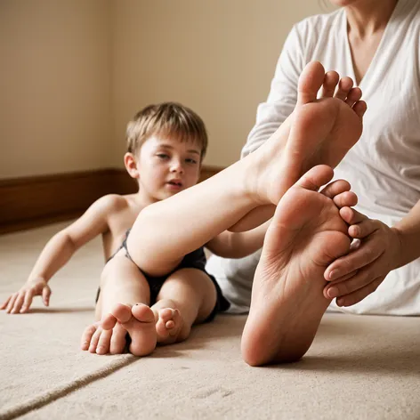 mother shows her feet,