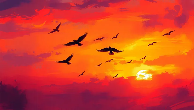 sunset with birds painting