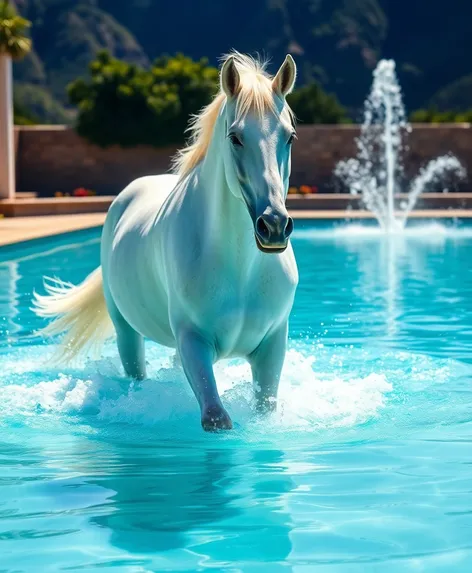 white horse enters pool