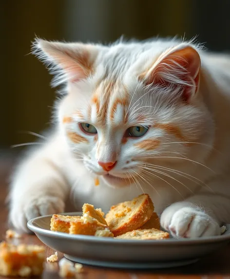 gato blanco comiendo