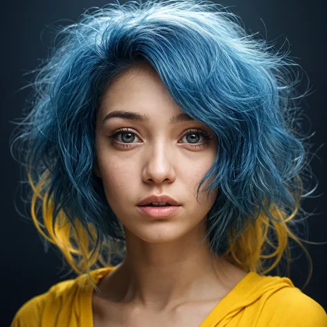 yello eye, blue hair,