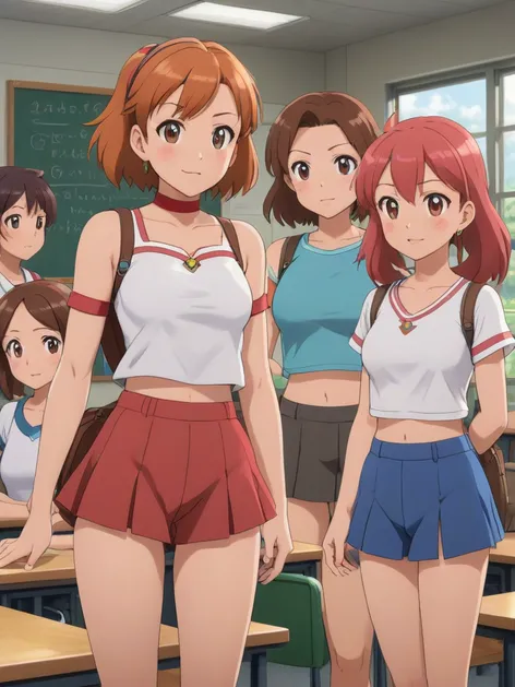 standing, ((classroom)), (((3 girls))),